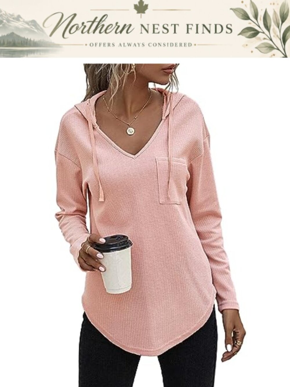 Womens Waffle Knit Hoodie Tunic Drawstring Long Sleeve Sweatshirt